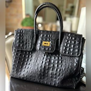 Black croc handbag. French made. Leather